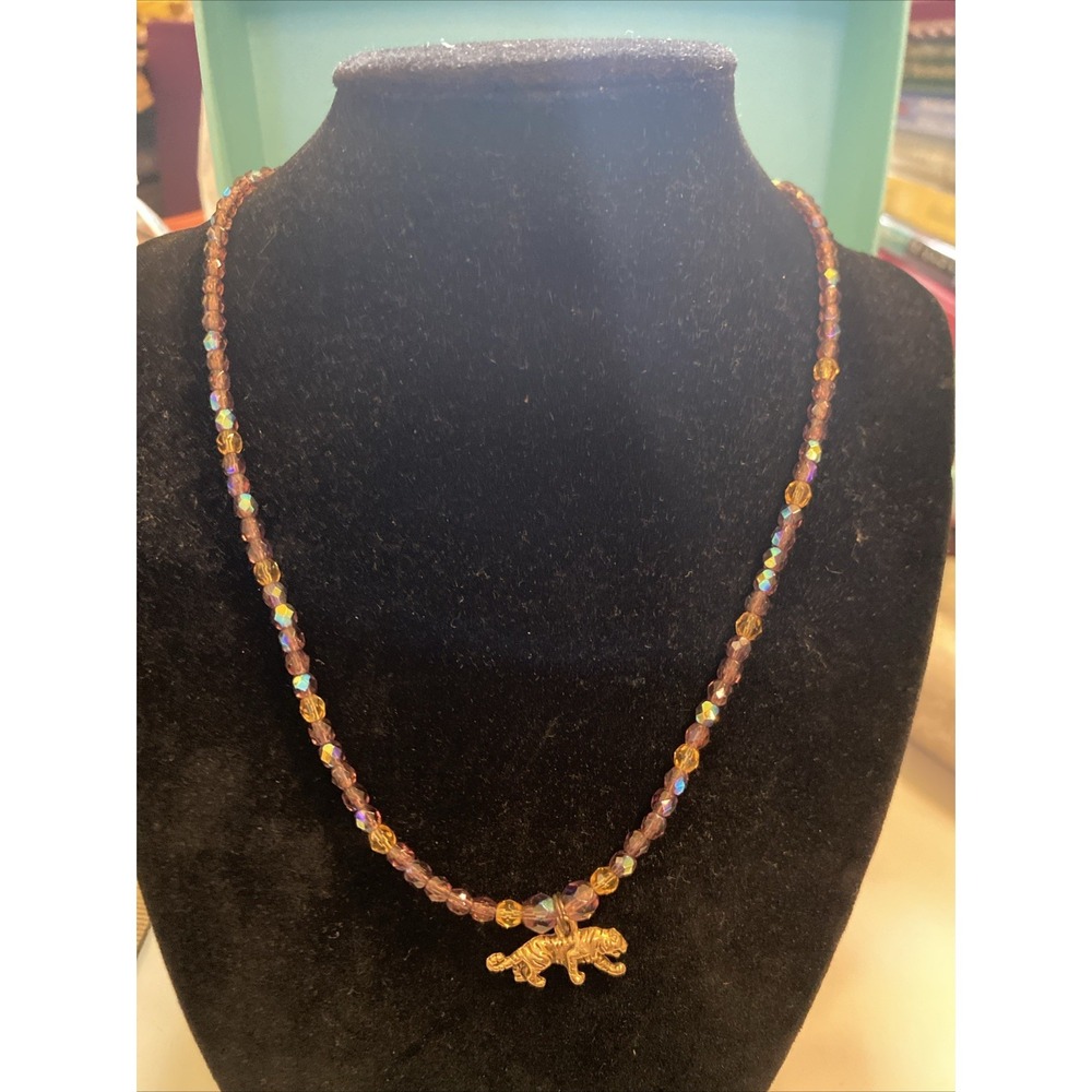 Handcrafted Beaded Glass Necklace Frog Charm Pendant Yellow Pink Bronze